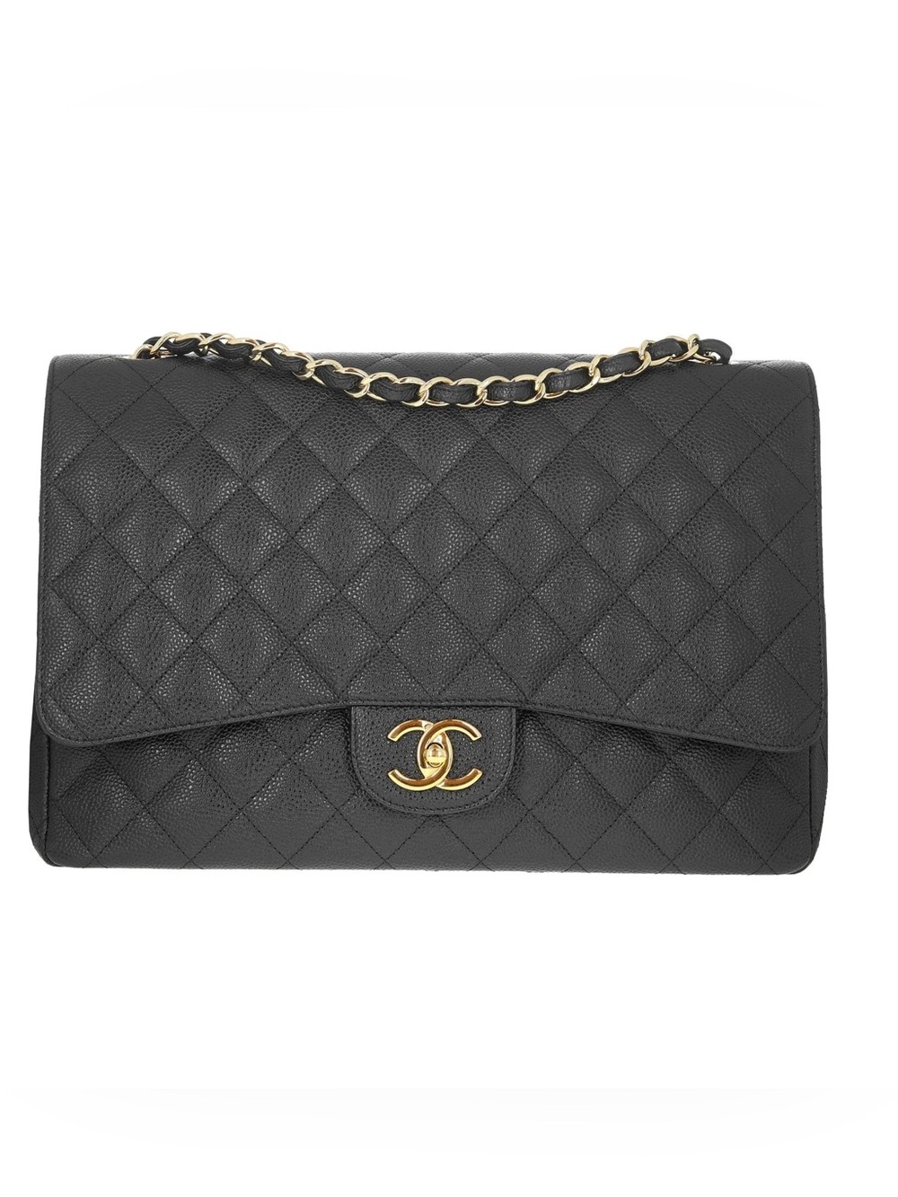 Authentic CHANEL Maxi classic black caviar leather gold hardware bag